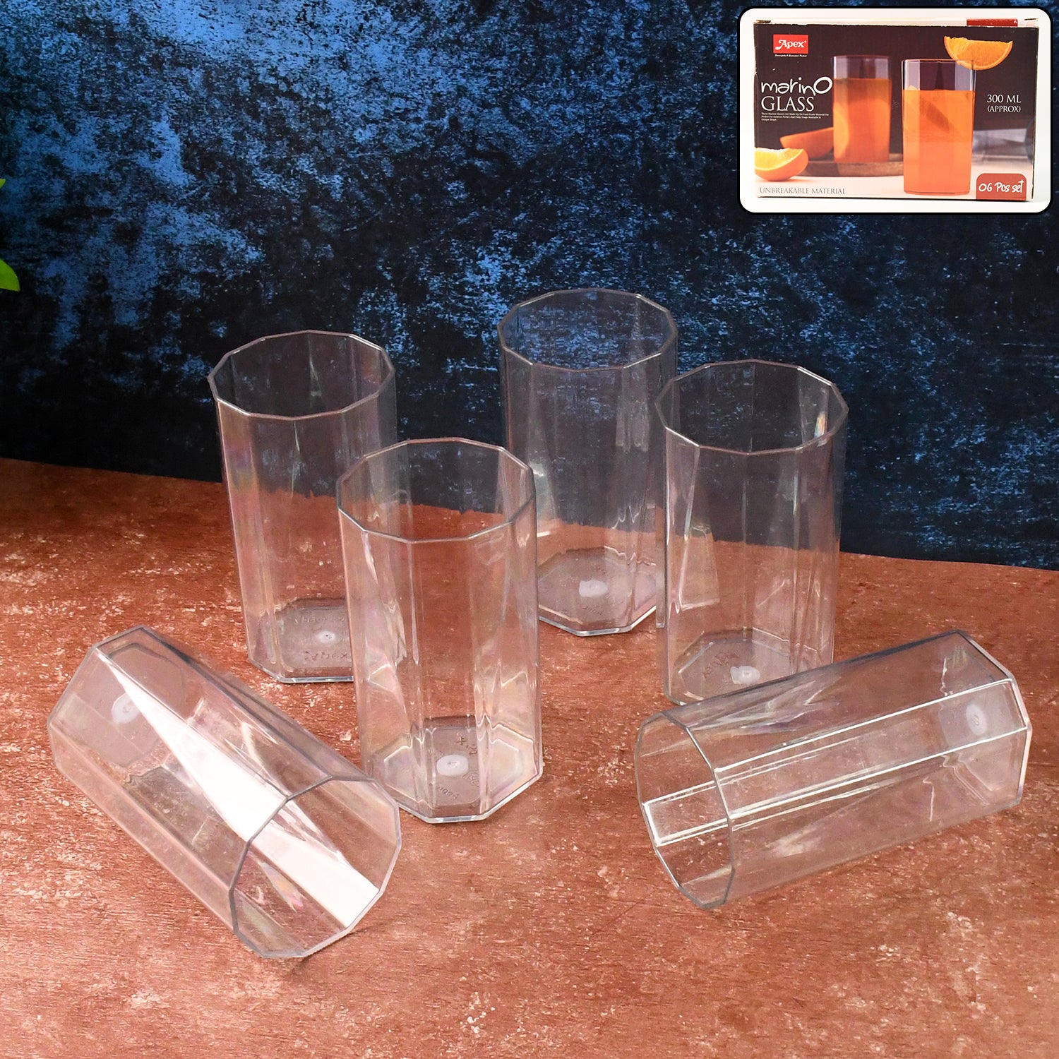 Set of six Wukusy Apex Merino N glass drinking glasses, unbreakable plastic, 300ml capacity, ideal for home and kitchen use