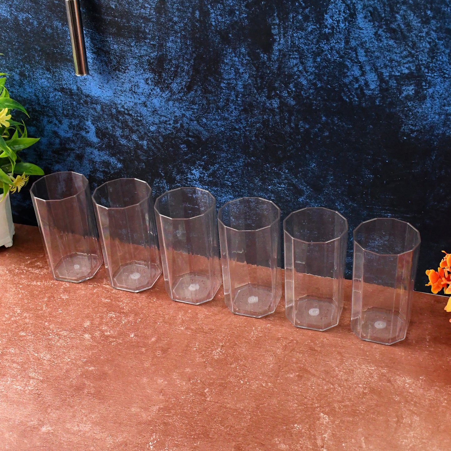 Set of 6 Wukusy Apex Merino N glass unbreakable plastic drinking glasses, 300ml each, for home and kitchen use.