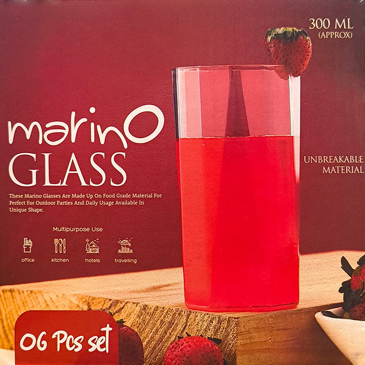 Set of six Wukusy Apex Merino N glass drinking glasses, unbreakable plastic, 300ml capacity, suitable for home and kitchen use.