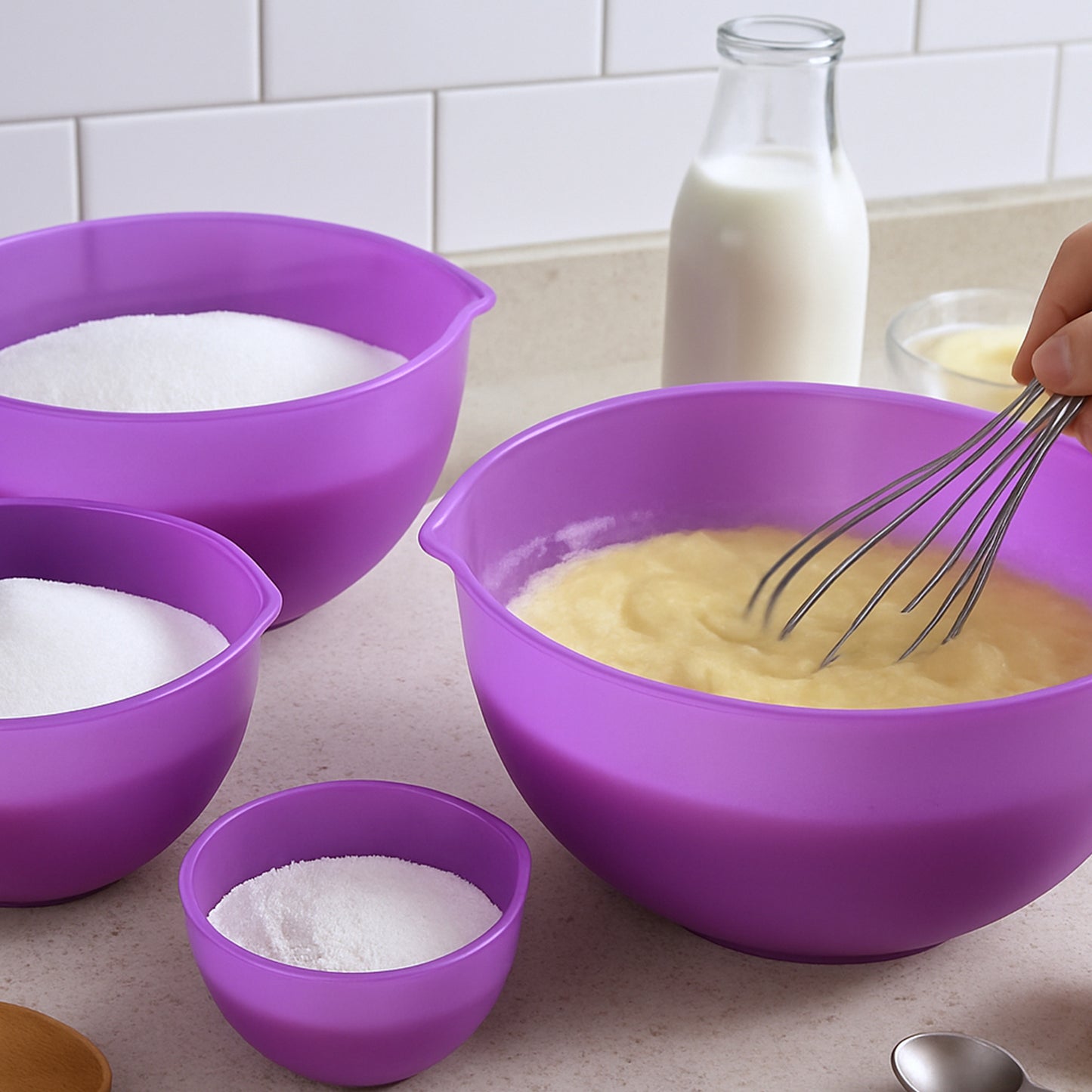 Set of three Wukusy Apex Mix Measure Prep Bowls for kitchen use, featuring clear measurement markings and durable plastic construction.