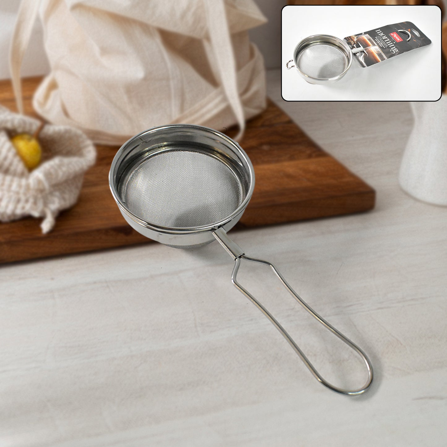 Wukusy Apex Morning stainless steel tea and coffee strainer for home brewing, with fine mesh for filtering tea leaves and coffee grounds.