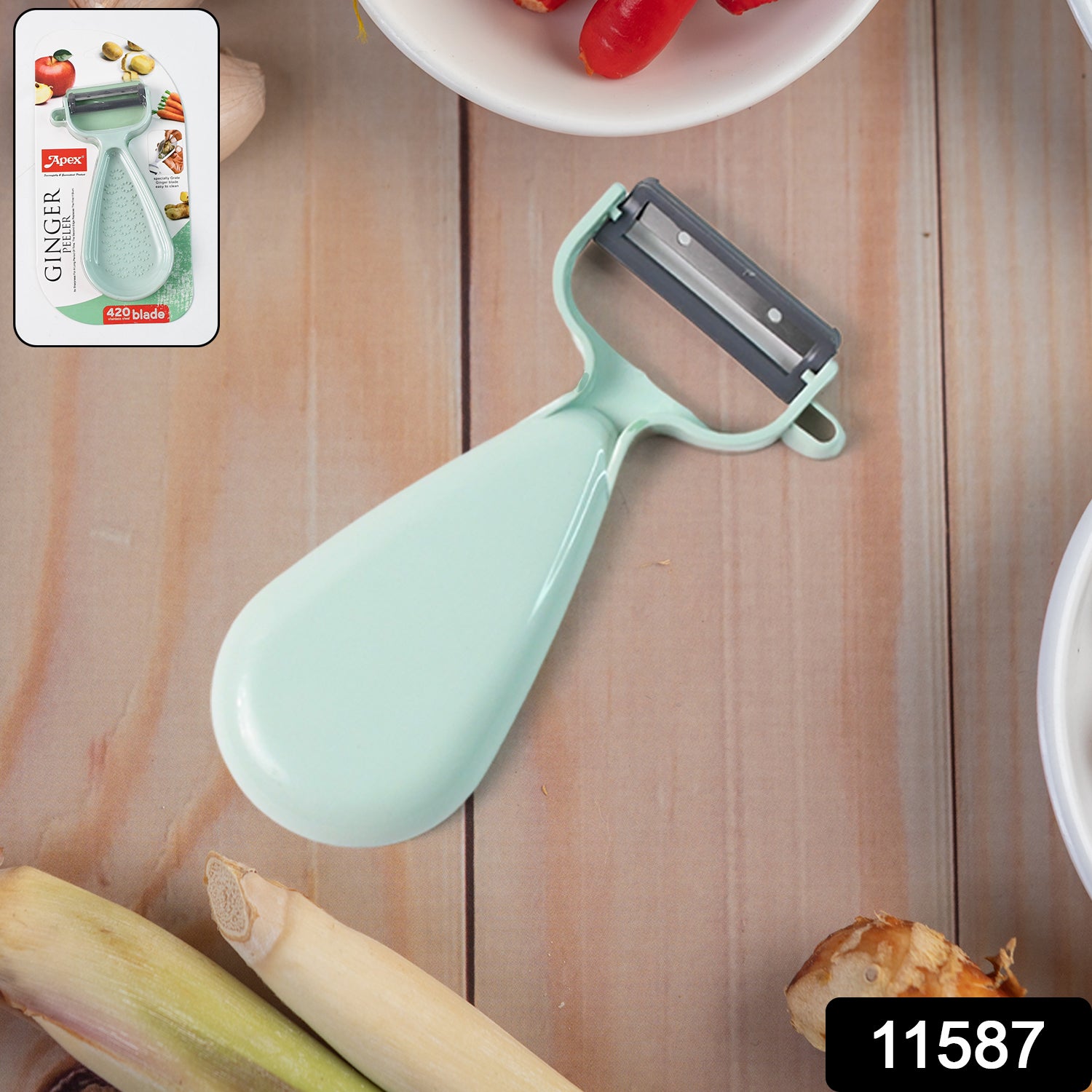 Wukusy Apex multipurpose ginger peeler with stainless steel dual blades for efficient peeling in the kitchen.