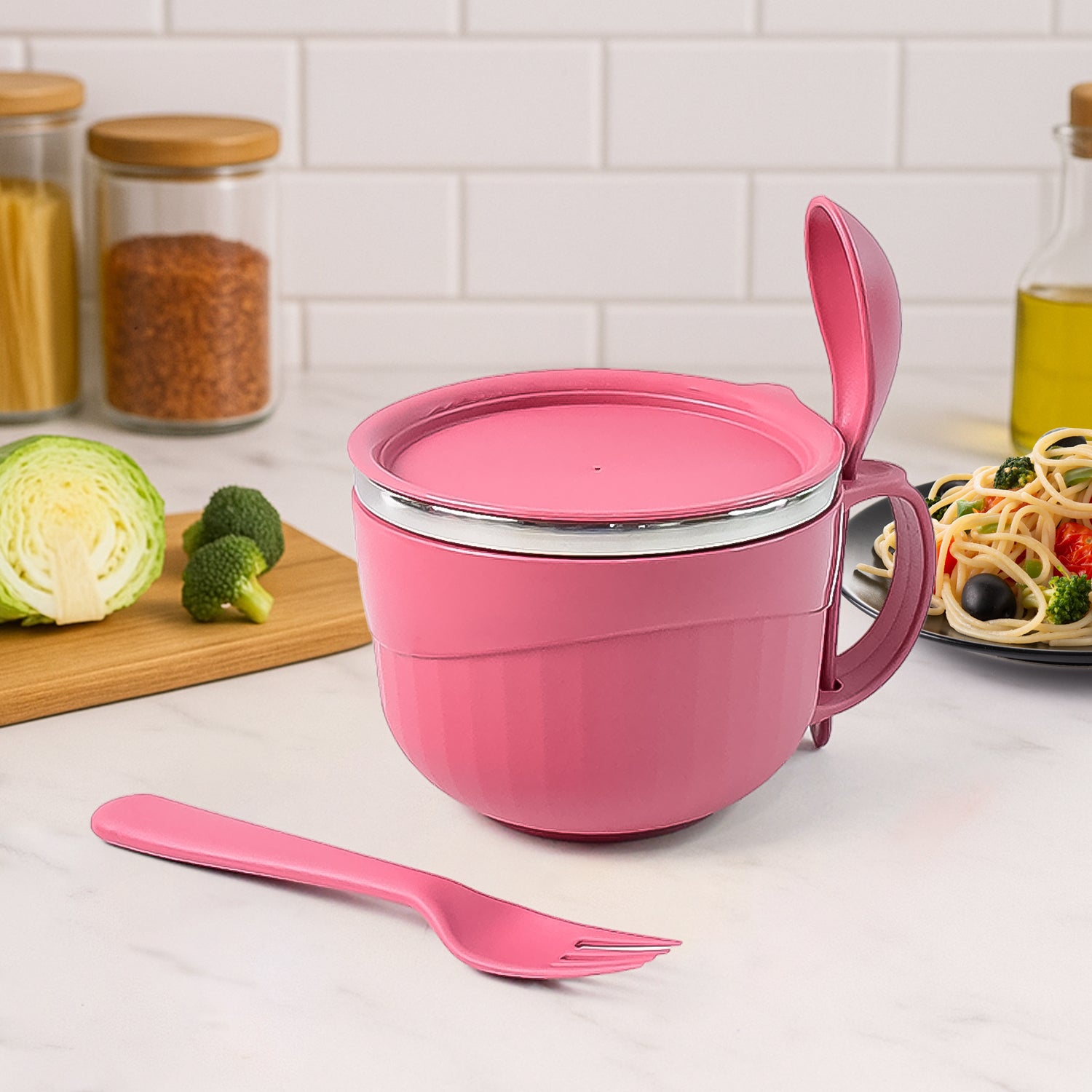 Wukusy Apex Premium 700ml multipurpose noodle bowl with handle, lid, and fork for home and kitchen use