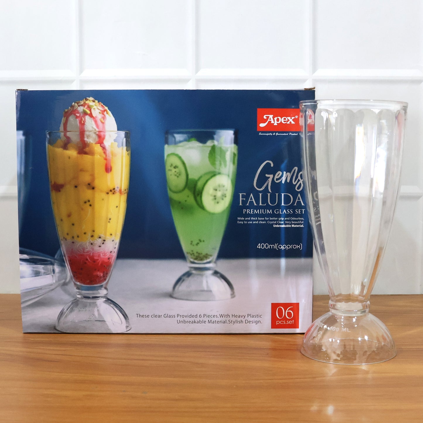 Set of six Wukusy Apex Premium Dessert Falooda Glasses, 400ml capacity each, clear glass with elegant design for serving desserts.