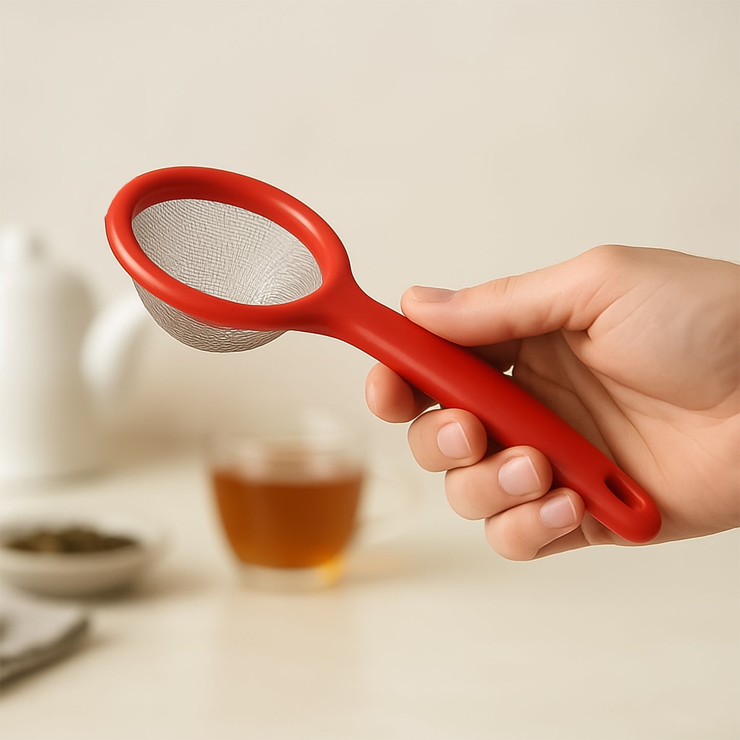 Wukusy Apex Premium Green Tea Strainer with fine stainless steel mesh for easy tea brewing in home and kitchen use.
