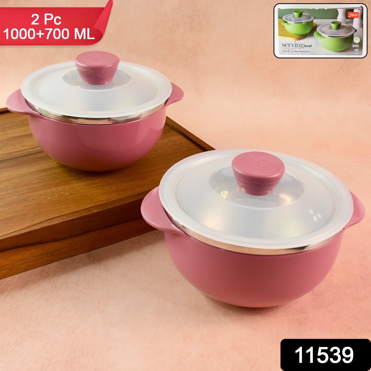 Wukusy Apex Premium Plastic Serving Bowl Set with Lids, 2-piece, clear durable bowls for serving and storage in the kitchen