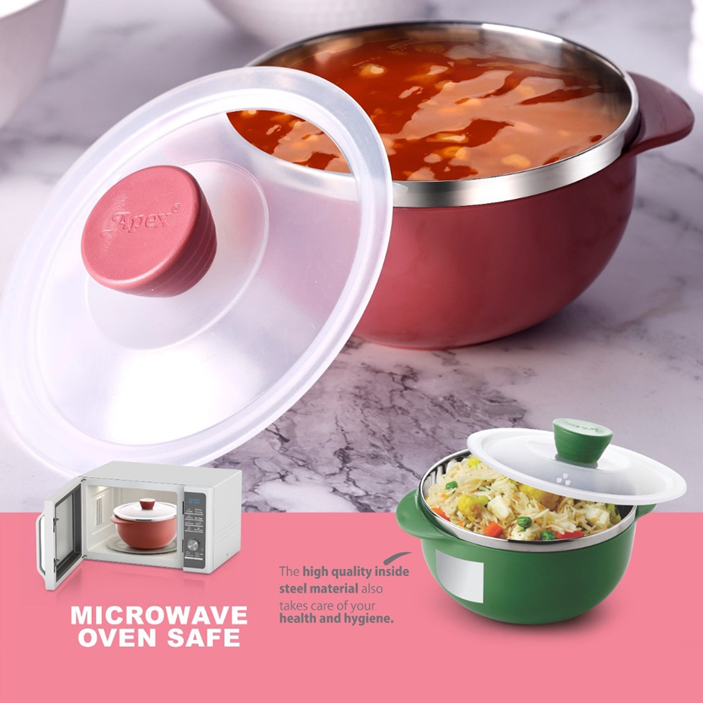 Wukusy Apex Premium plastic serving bowl set with lids, 2-piece kitchen storage bowls for salads and snacks, white and clear design.
