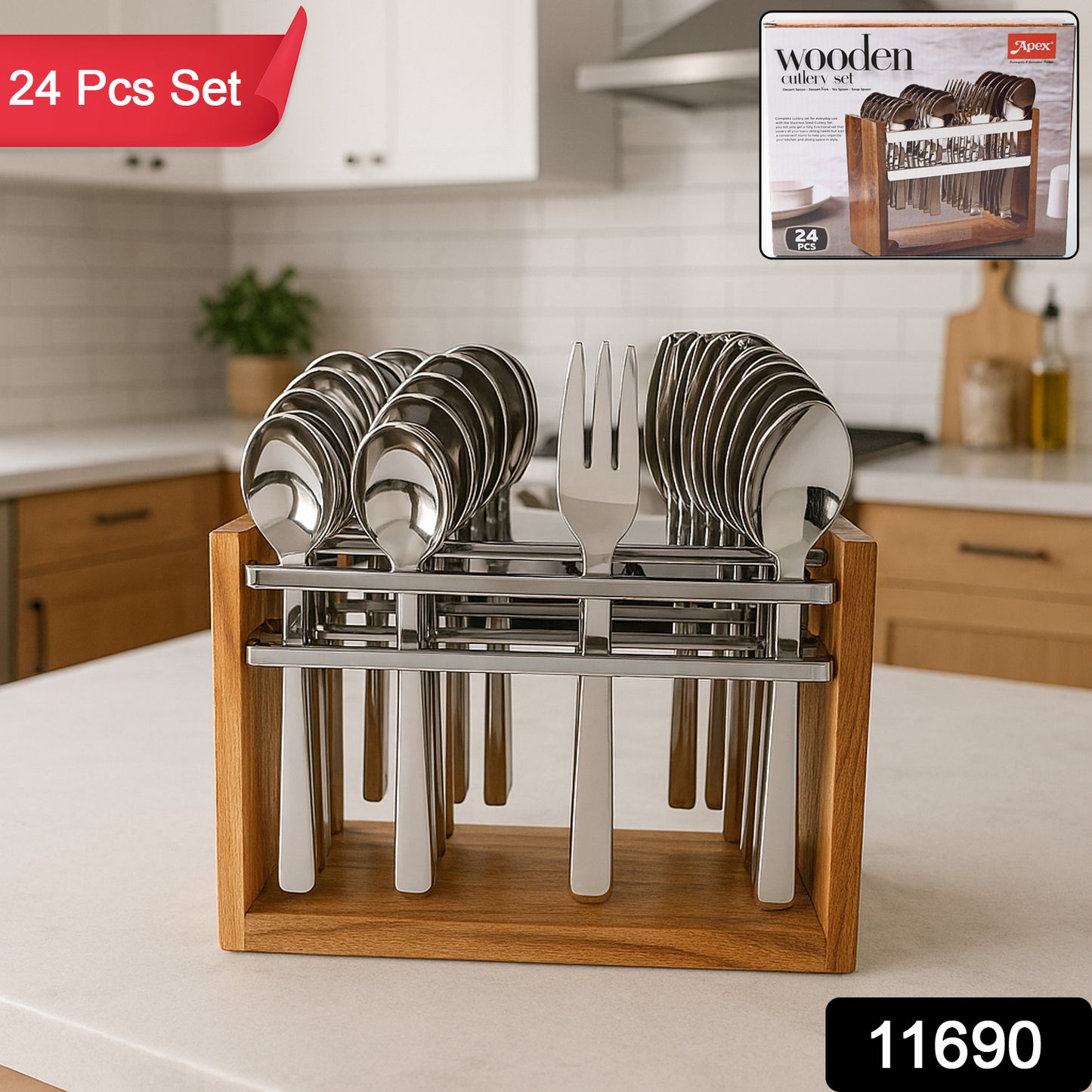 Wukusy Apex Premium stainless steel cutlery set with 24 pieces, including forks, knives, spoons, arranged on a kitchen table.