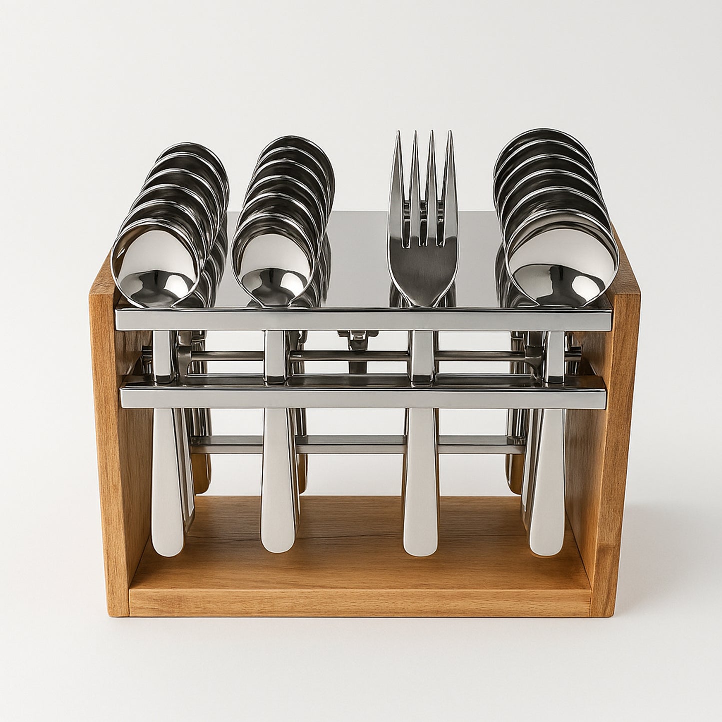Wukusy Apex Premium Stainless Steel Cutlery Set with 24 pieces, including forks, knives, spoons arranged on a dining table.