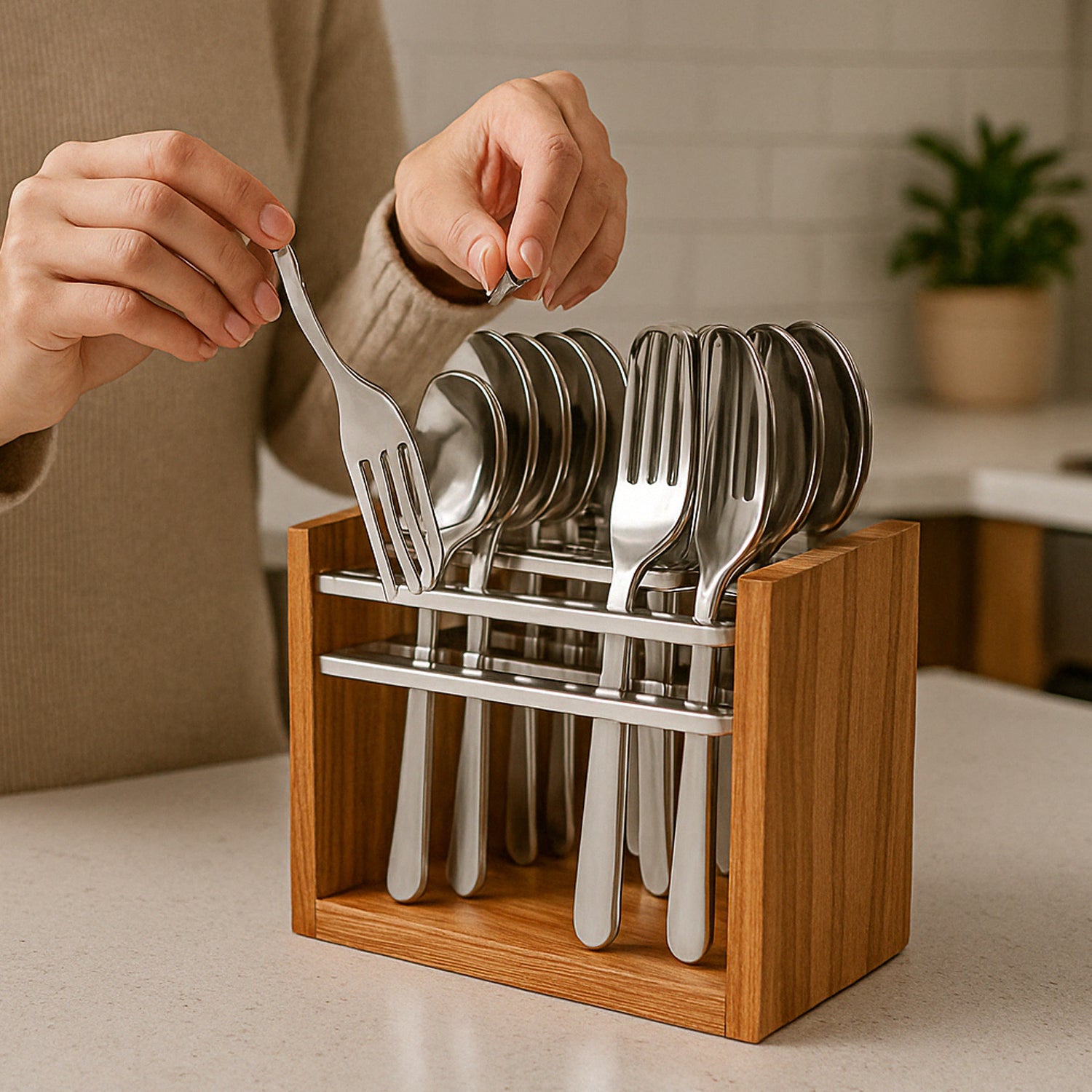 Wukusy Apex Premium stainless steel cutlery set with 24 pieces, includes forks, knives, spoons, and teaspoons for home and kitchen use.