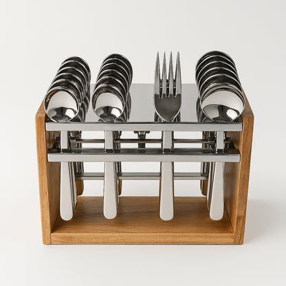 Wukusy Apex Premium Stainless Steel Cutlery Set with 24 pieces, including forks, knives, spoons, and serving utensils.