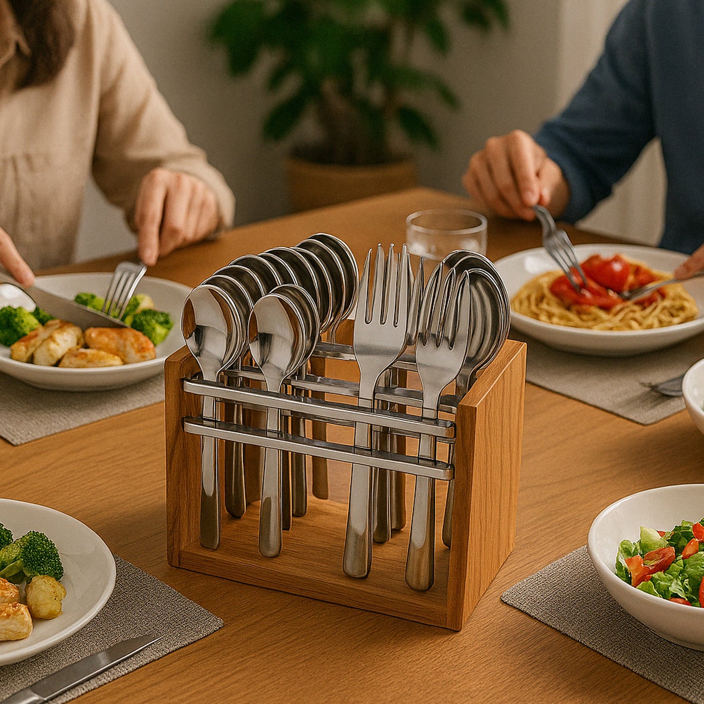 Wukusy Apex Premium stainless steel cutlery set with 24 pieces, including forks, knives, spoons for home and kitchen use.