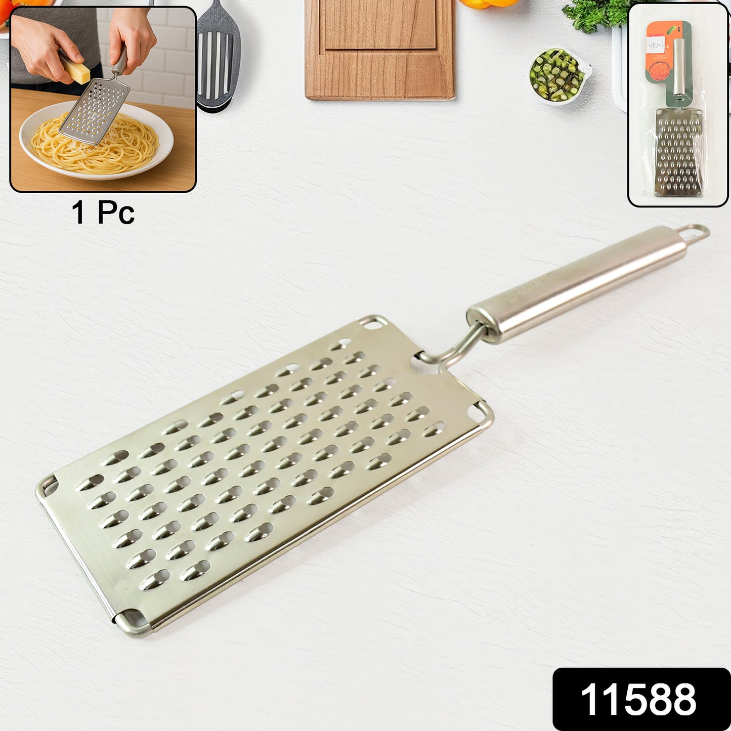 Wukusy Apex Premium stainless steel vegetable grater for kitchen use, featuring multiple grating surfaces and ergonomic handle.