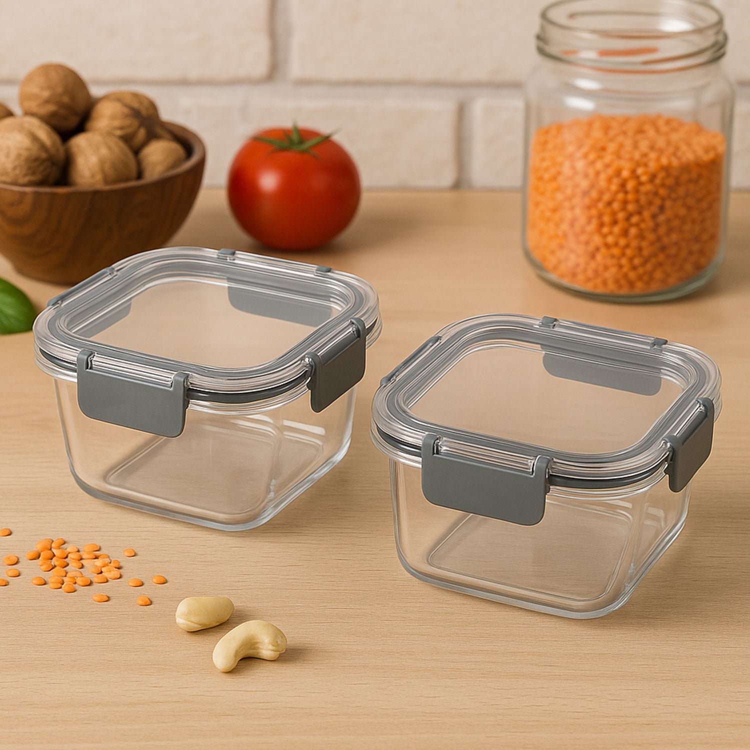 Wukusy Apex Press N Lock airtight food storage container set, 2-piece, 450ml capacity, with clear lids for kitchen organization.