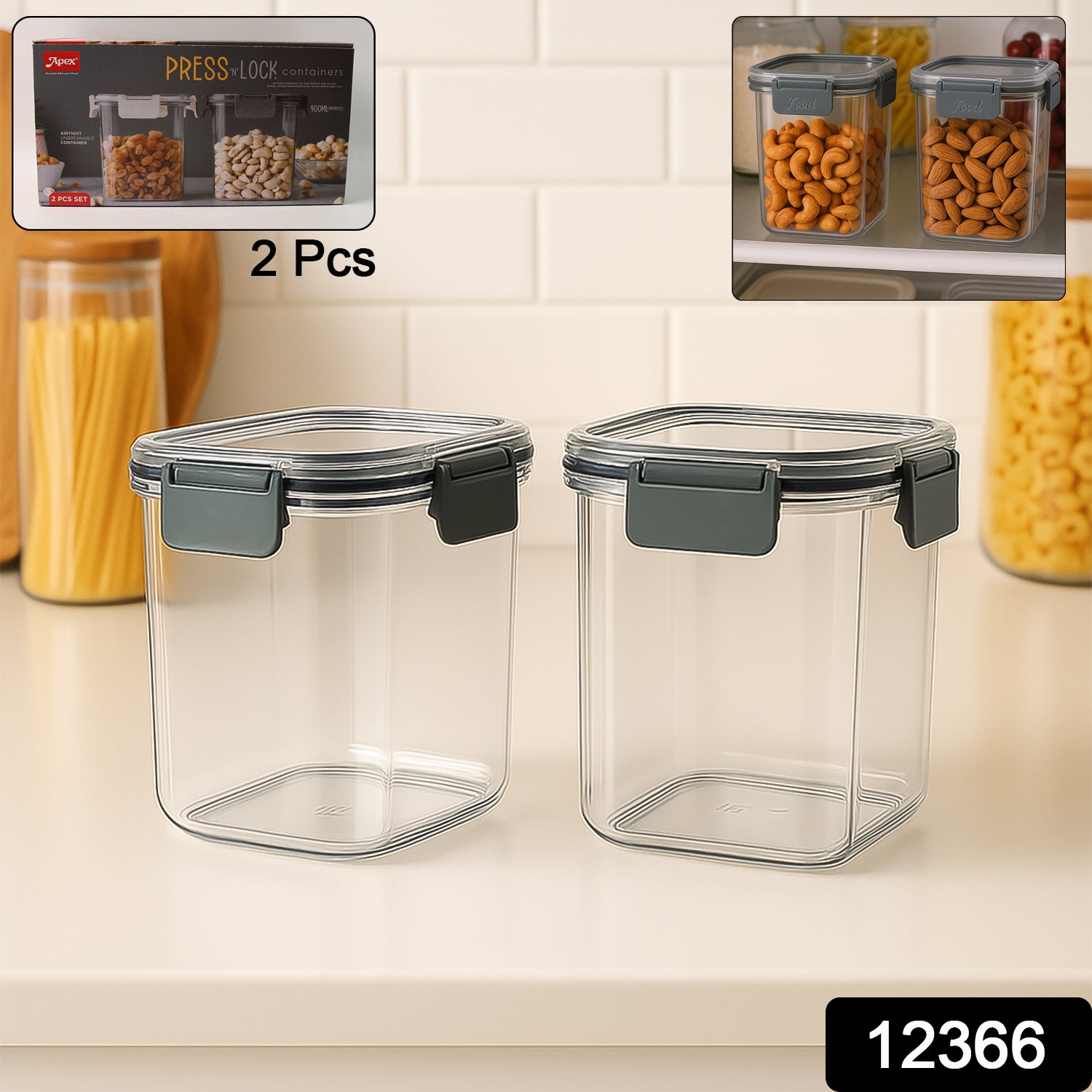Wukusy Apex Press N Lock 2-piece Airtight Food Storage Container Set, 900ml, with secure locking lids for kitchen organization