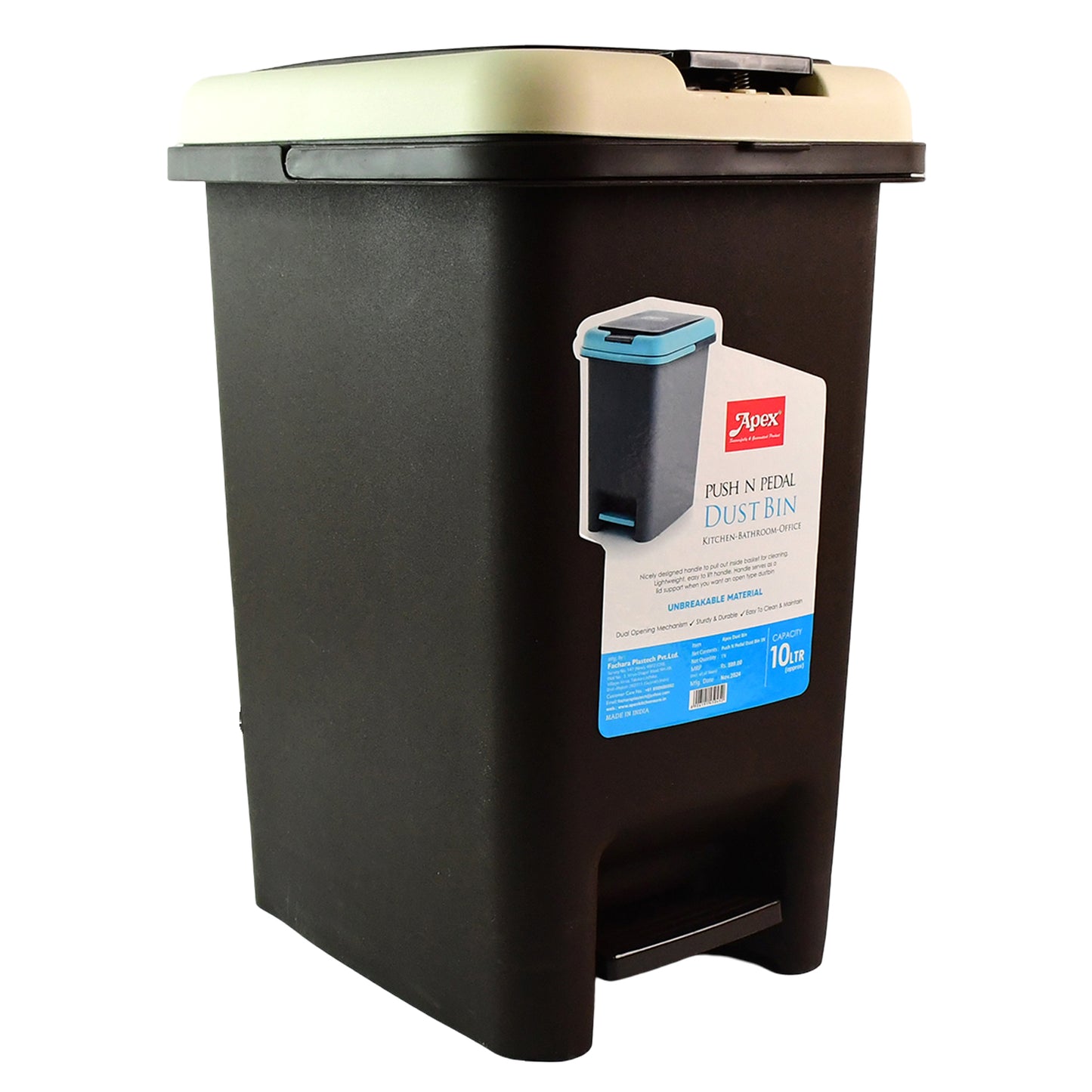 Wukusy Apex Push N Pedal plastic dustbin, 10L capacity, ideal for home and kitchen use, with a foot pedal for easy opening.