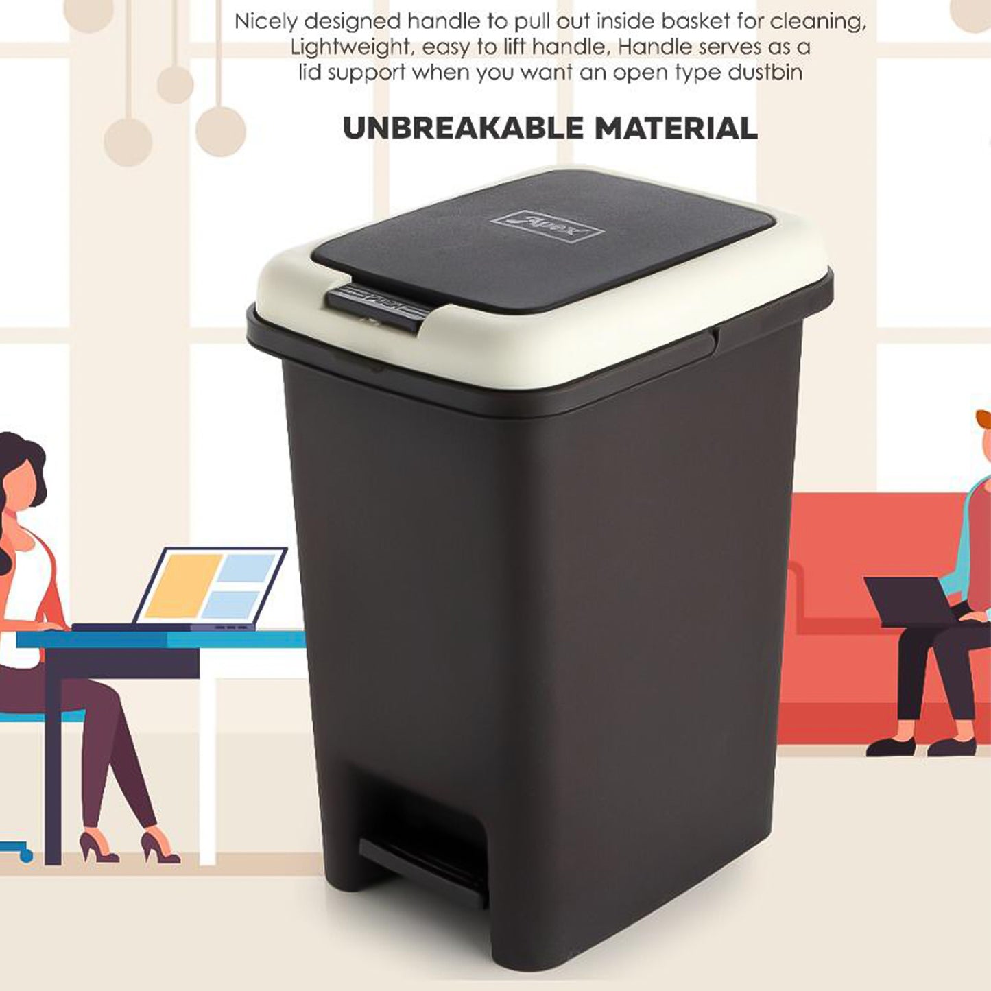 Wukusy Apex push-and-pedal plastic dustbin with 10L capacity, suitable for home and kitchen use, shown with closed lid