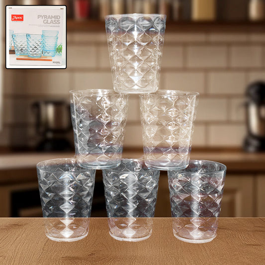 Wukusy Apex Pyramid Design unbreakable plastic glass, 300ml, in clear with pyramid-shaped design for home and kitchen use.