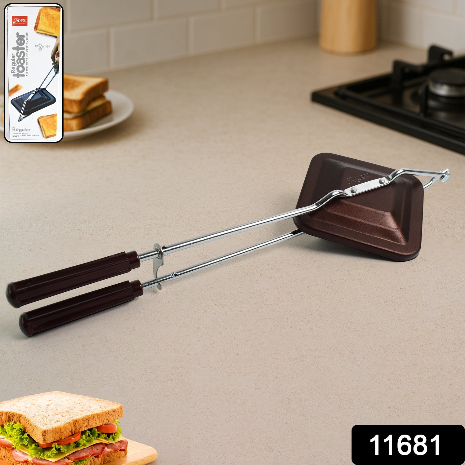 Wukusy Apex Regular non-stick flame-based sandwich toaster for home use, with open plates showing toasting surface and handle.