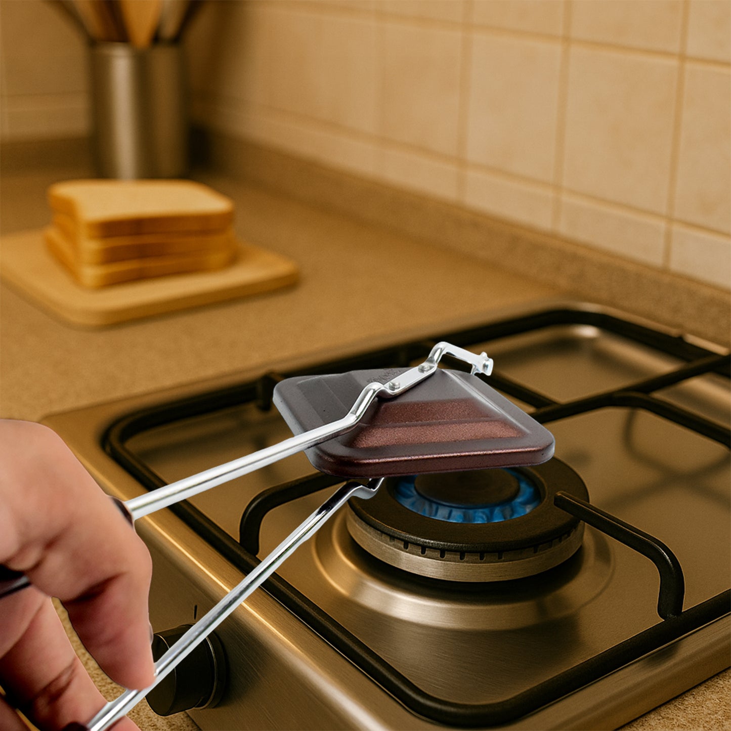 Wukusy Apex Regular non-stick flame-based sandwich toaster with handles on a kitchen countertop, ready for grilling sandwiches.