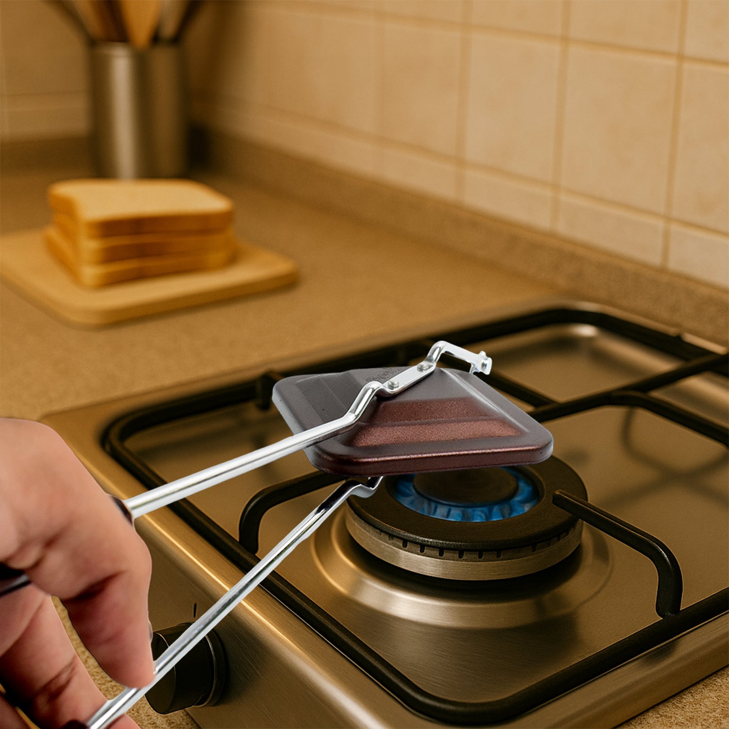 Wukusy Apex Regular non-stick flame-based sandwich toaster with handles on a kitchen countertop, ready for grilling sandwiches.