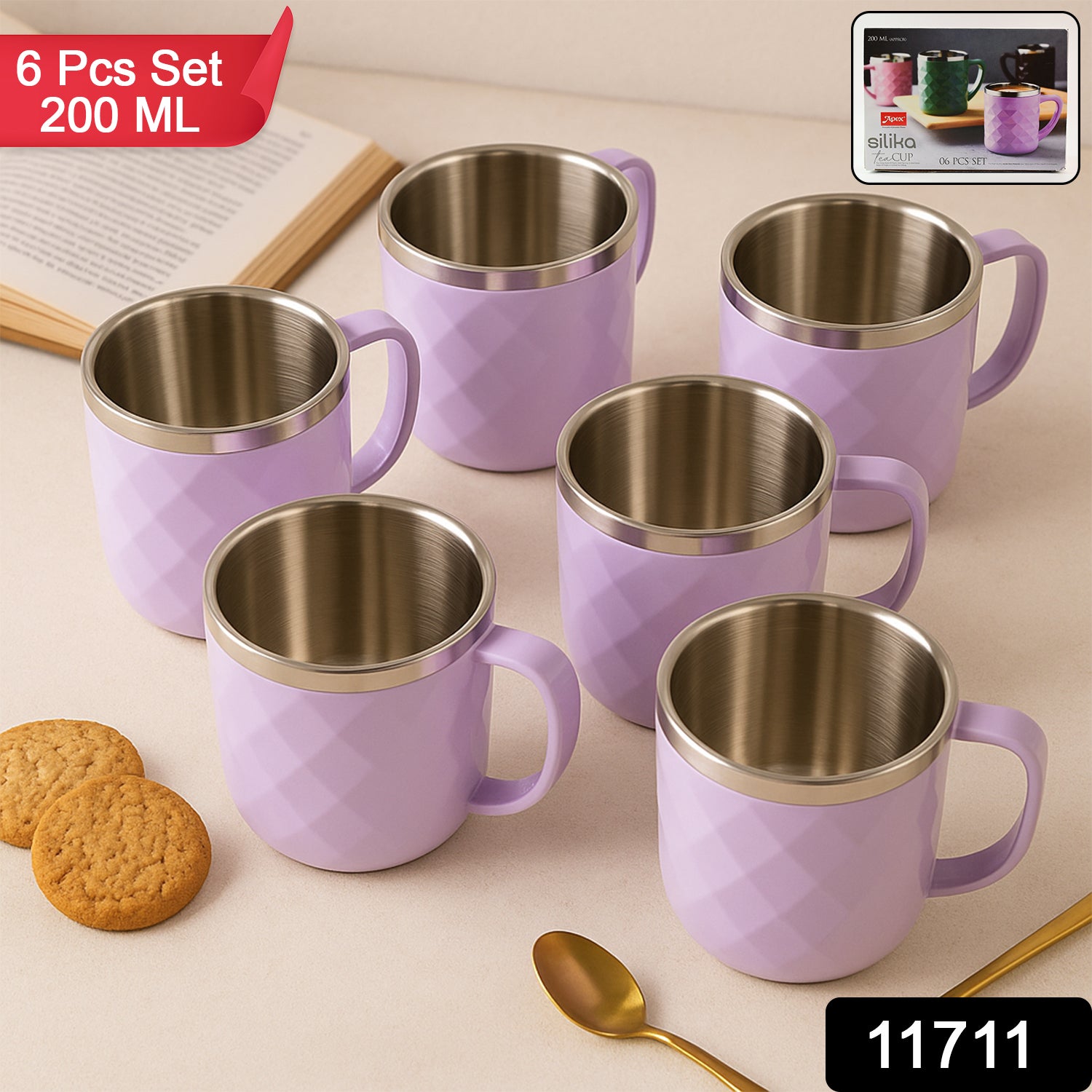 Six Wukusy Apex Silika 200 ml tea cups displayed with a sleek, modern design for home and kitchen use.