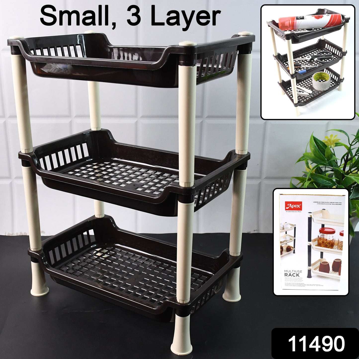 Wukusy Apex small 3-tier plastic storage rack organizer for home and kitchen use, with multiple compartments for organization