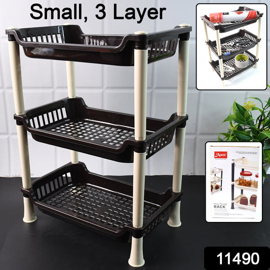 Wukusy Apex small 3-tier plastic storage rack organizer for home and kitchen use, with multiple compartments for organization