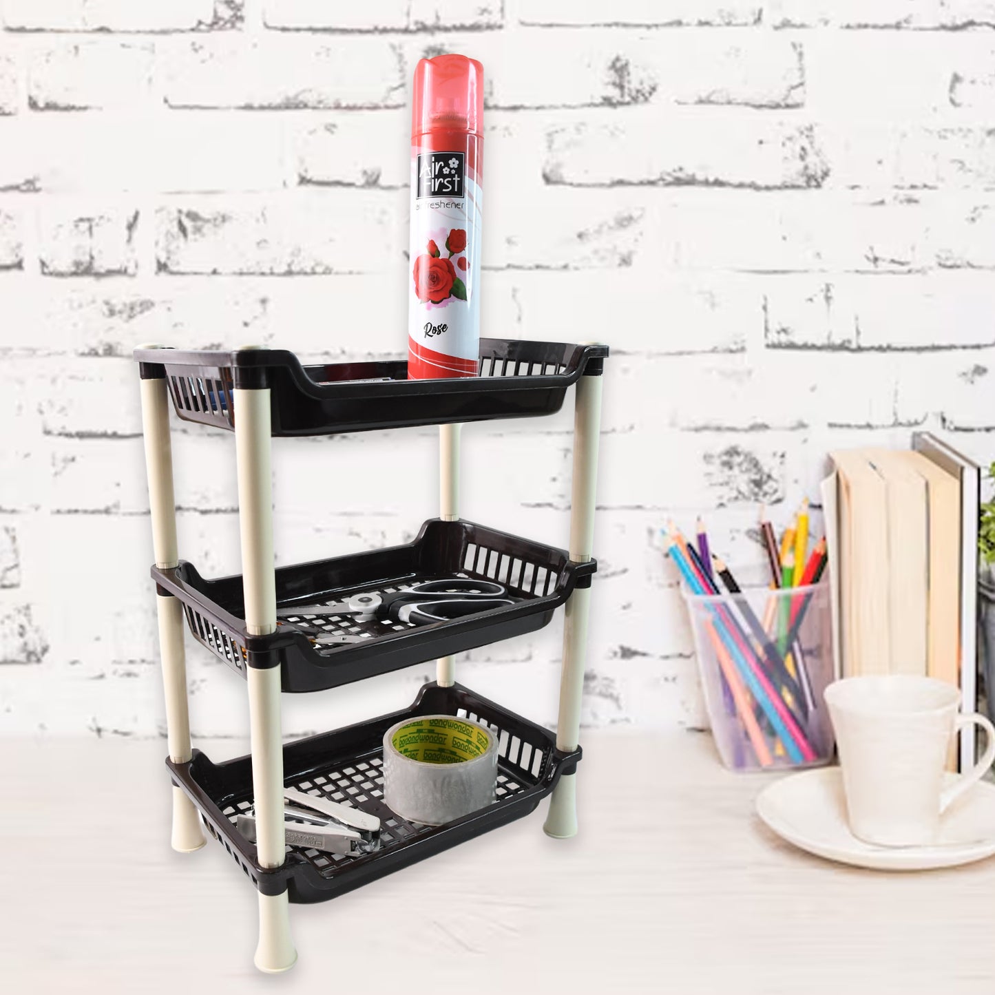 Wukusy Apex small 3-tier plastic storage rack organizer for home and kitchen use, with multiple shelves for versatile storage.