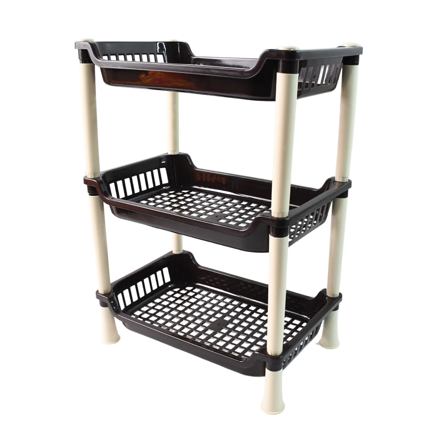 Wukusy Apex small 3-tier plastic storage rack organizer for home and kitchen use, with multiple compartments for organization.