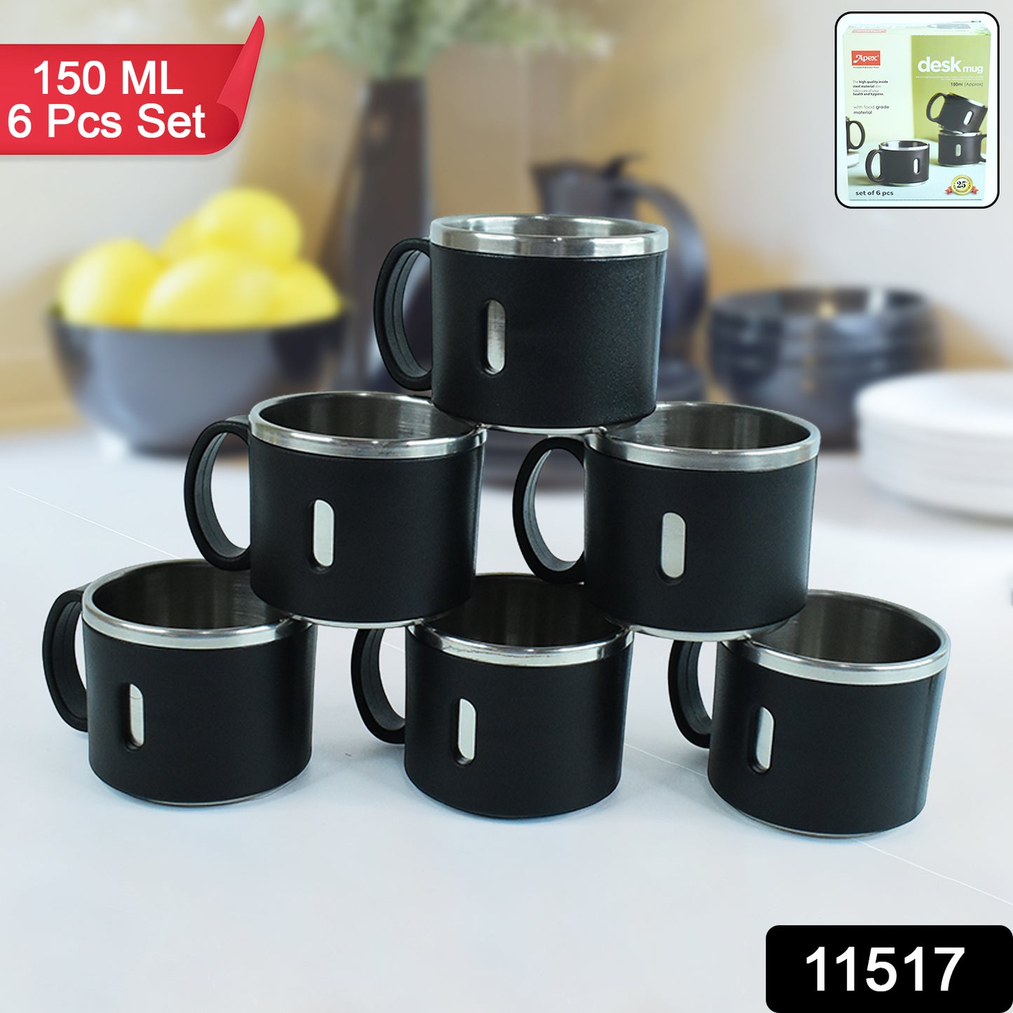 Set of six Apex stainless steel desk mugs by Wukusy, durable and sleek for home and kitchen use.