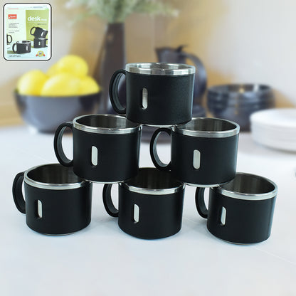 Six Wukusy Apex stainless steel desk mugs arranged on a wooden surface, ideal for home and kitchen use.