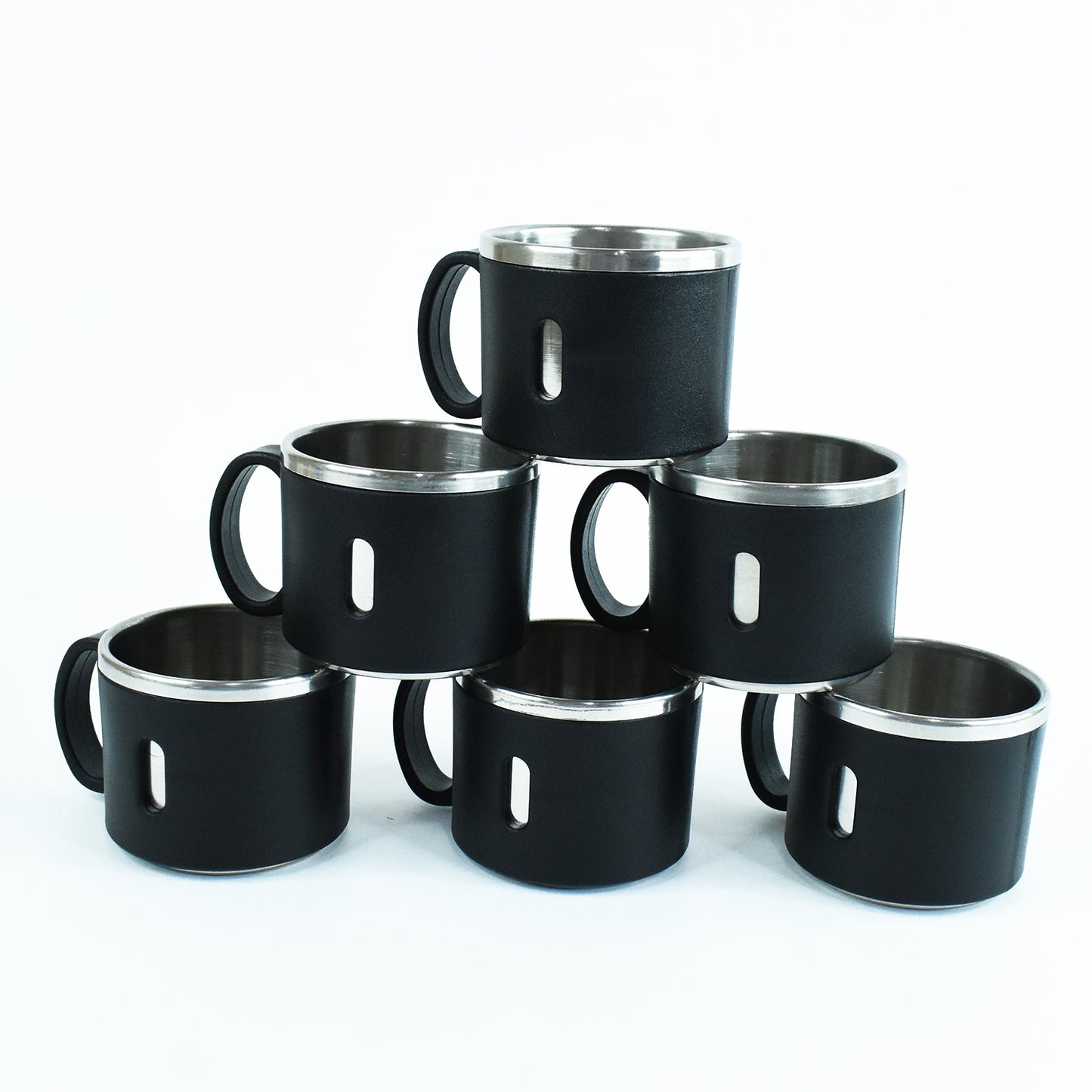 Set of six Wukusy Apex stainless steel desk mugs for home and kitchen use, featuring sleek, durable design and ergonomic handles.