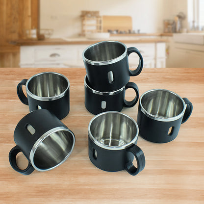Six Wukusy Apex stainless steel desk mugs arranged on a desk, ideal for home and kitchen use.