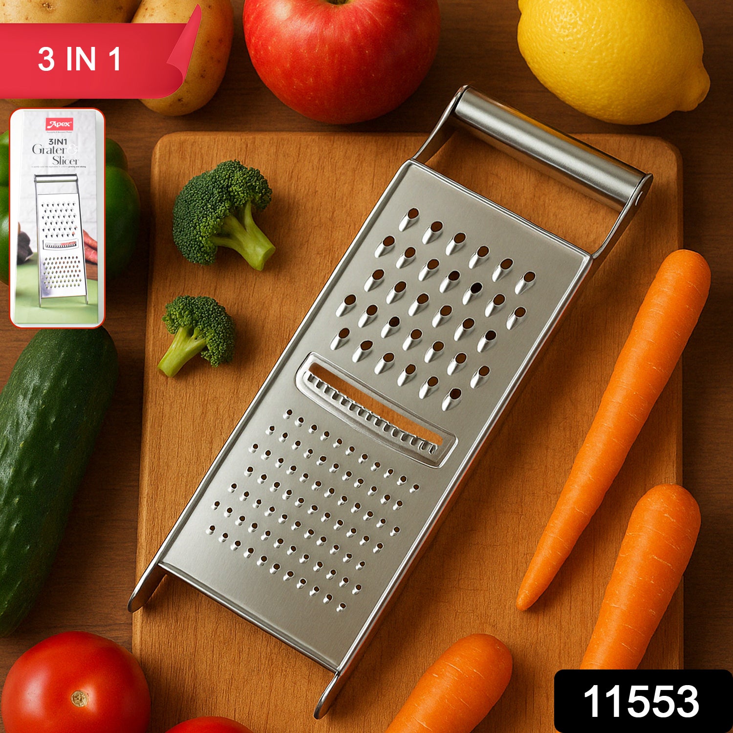 Wukusy Apex stainless steel 3-in-1 grater and slicer for home kitchen use, featuring multiple blades for grating and slicing tasks.