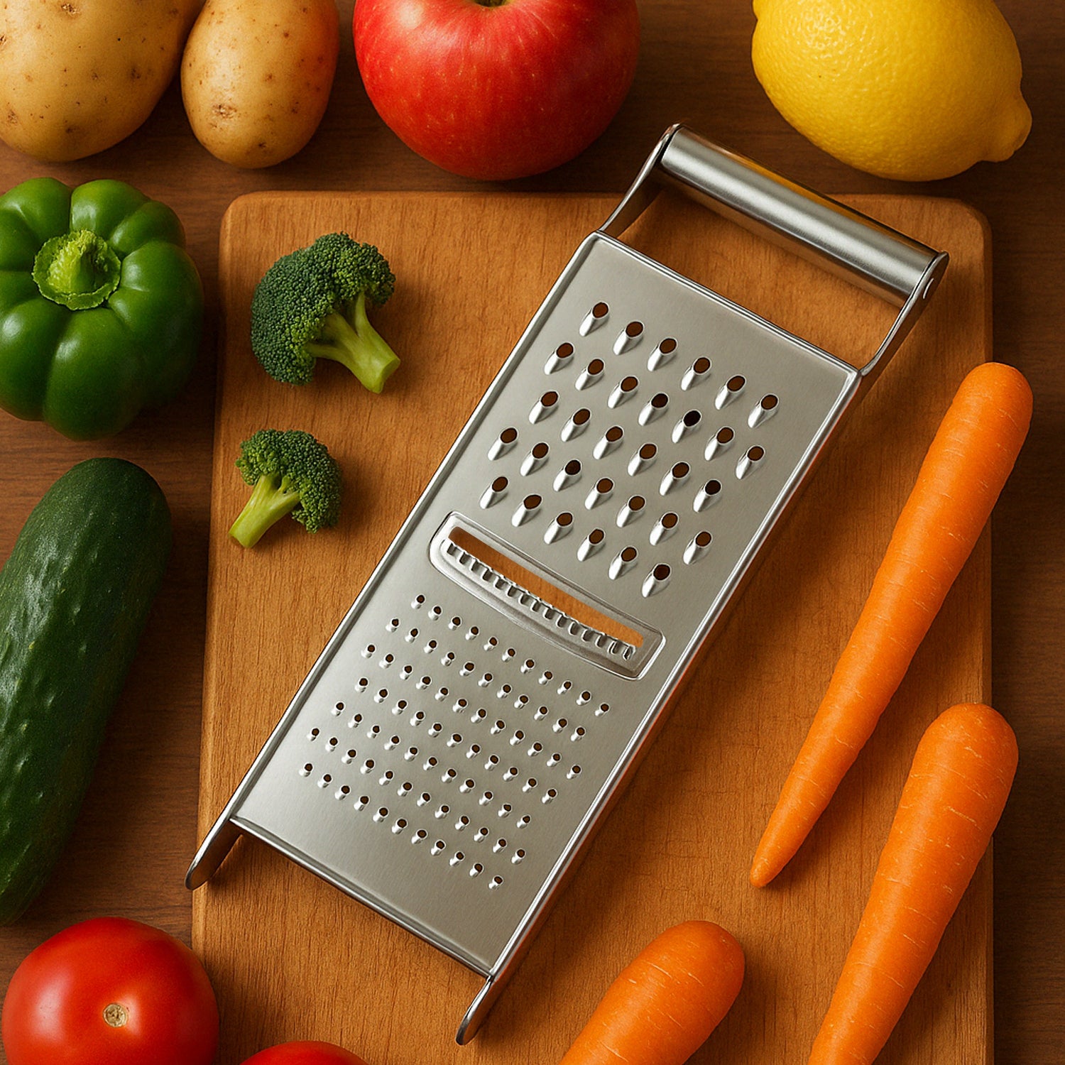 Wukusy Apex stainless steel 3-in-1 grater and slicer for home kitchen use, featuring multiple blades for versatile food prep.