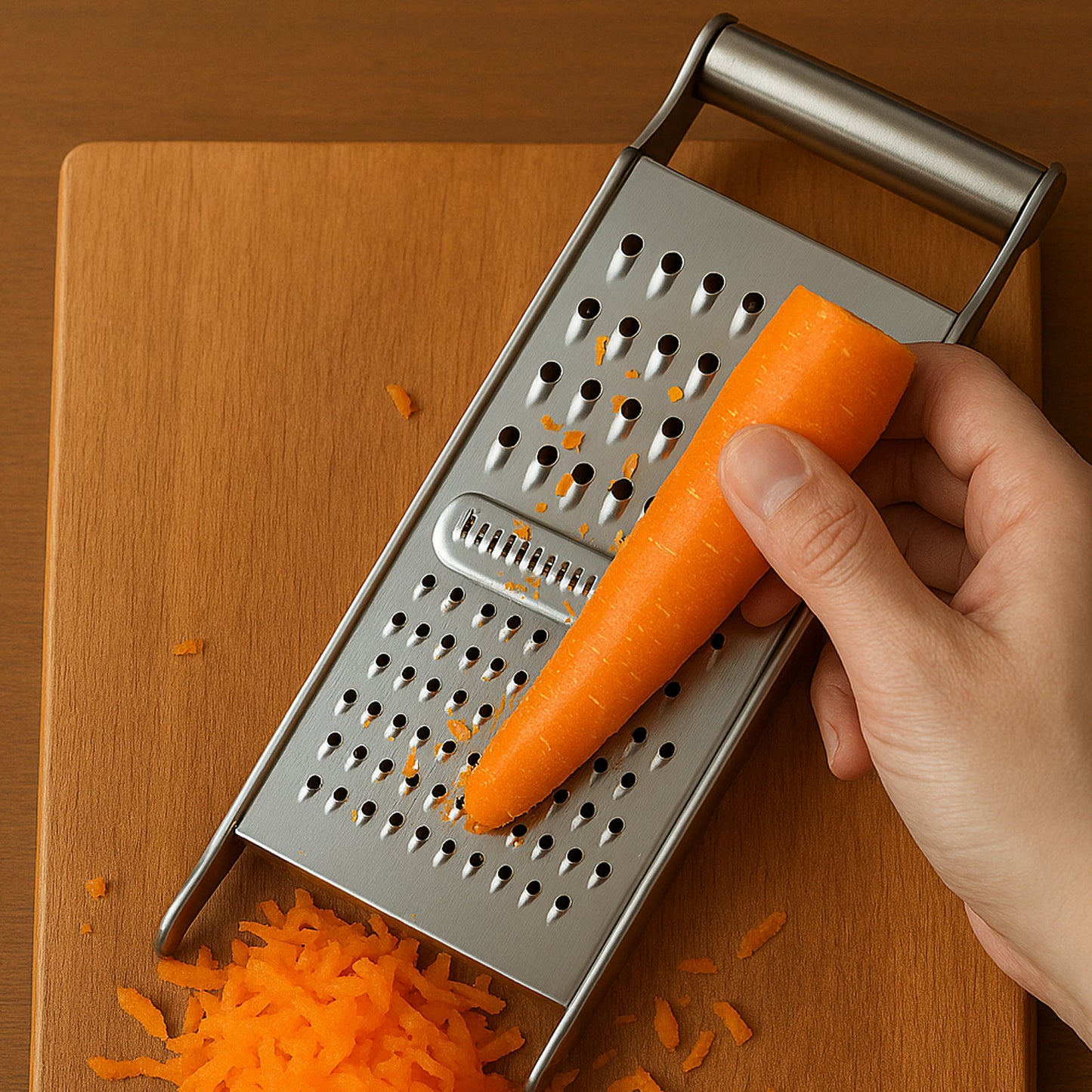 Wukusy Apex stainless steel 3-in-1 grater and slicer for kitchen use, with multiple blades for grating and slicing tasks.