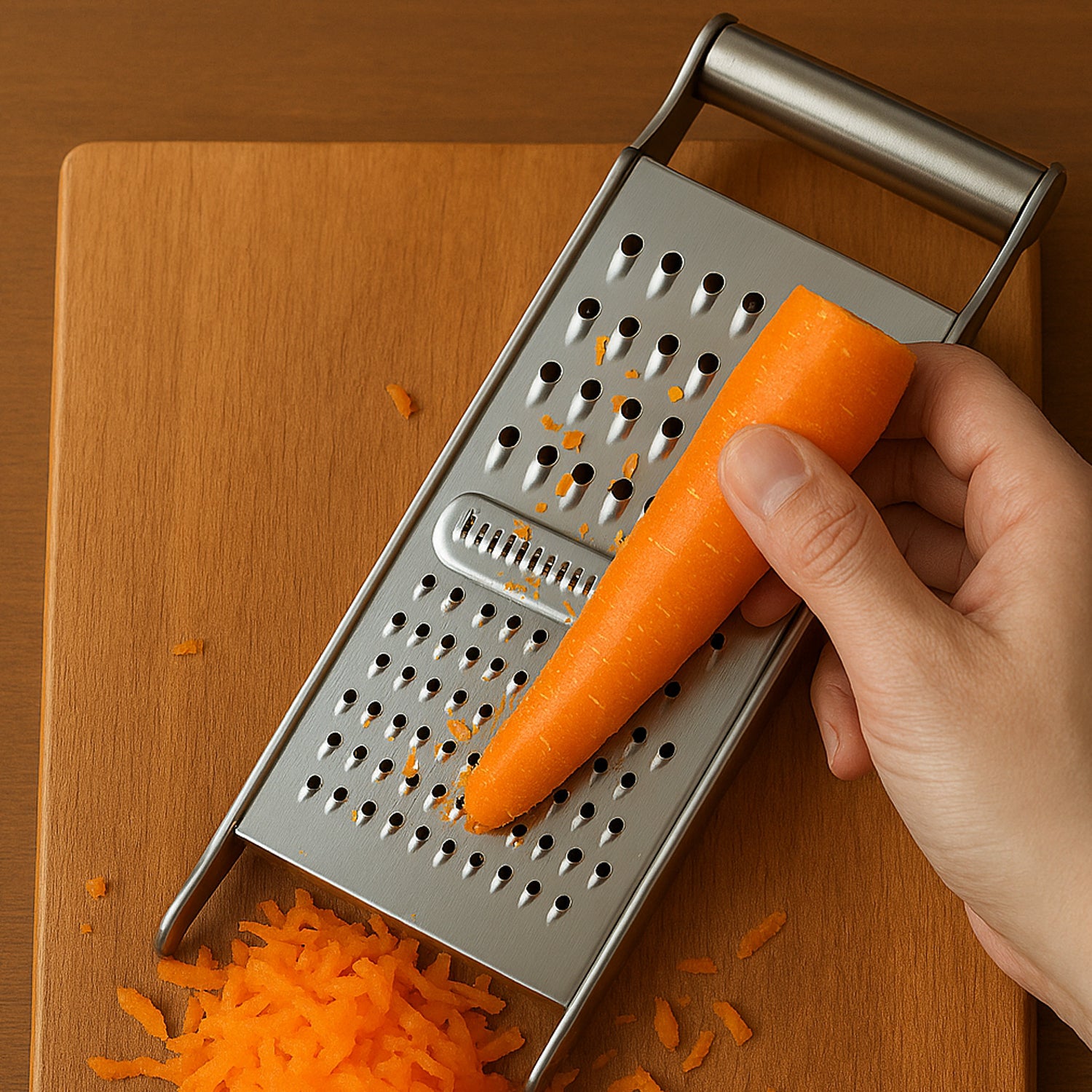 Wukusy Apex stainless steel 3-in-1 grater and slicer for kitchen use, with multiple blades for grating and slicing tasks.
