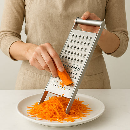 Wukusy Apex 3-in-1 stainless steel grater and slicer for kitchen use, featuring multiple grating and slicing surfaces.