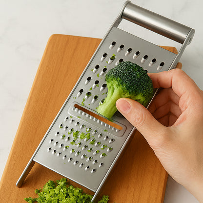 Wukusy Apex stainless steel 3-in-1 grater and slicer for kitchen use, with multiple grating and slicing surfaces.