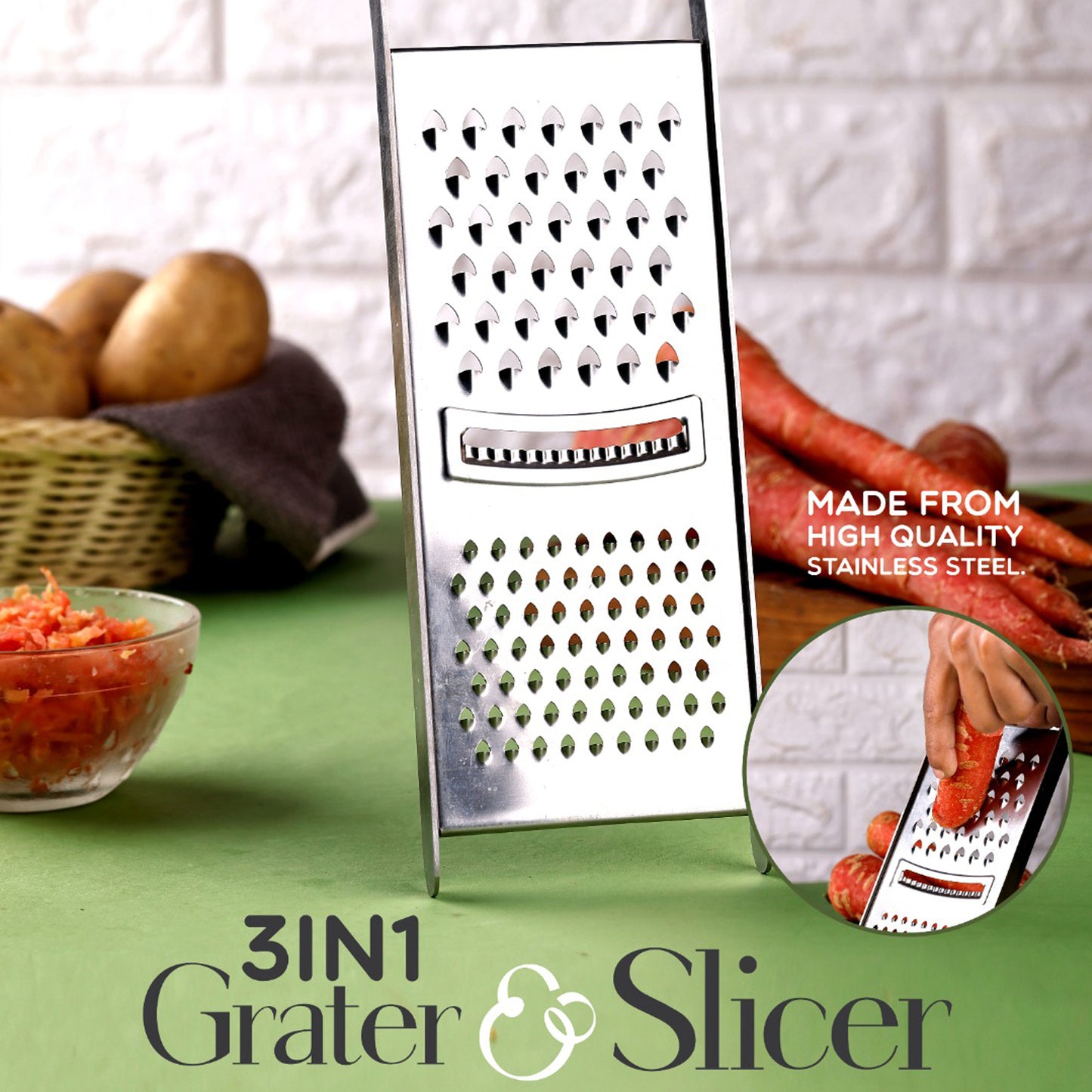 Wukusy Apex 3-in-1 stainless steel grater and slicer for kitchen use, featuring multiple blades for versatile food prep.