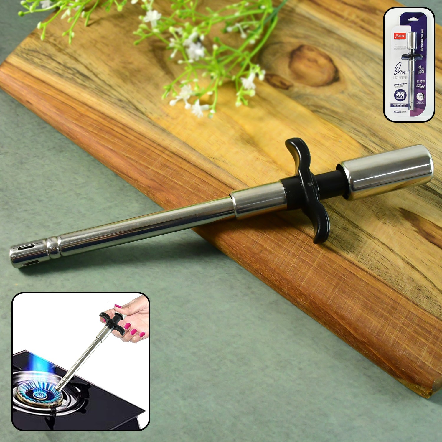 Wukusy Apex stainless steel kitchen gas stove lighter with a sleek handle, designed for safe and easy ignition of kitchen stoves.