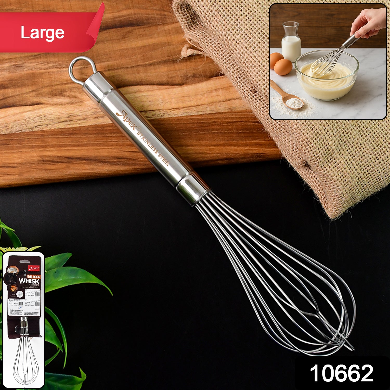 Wukusy Apex stainless steel large hand whisk for mixing and whipping in kitchen, with ergonomic handle and multiple wire loops.