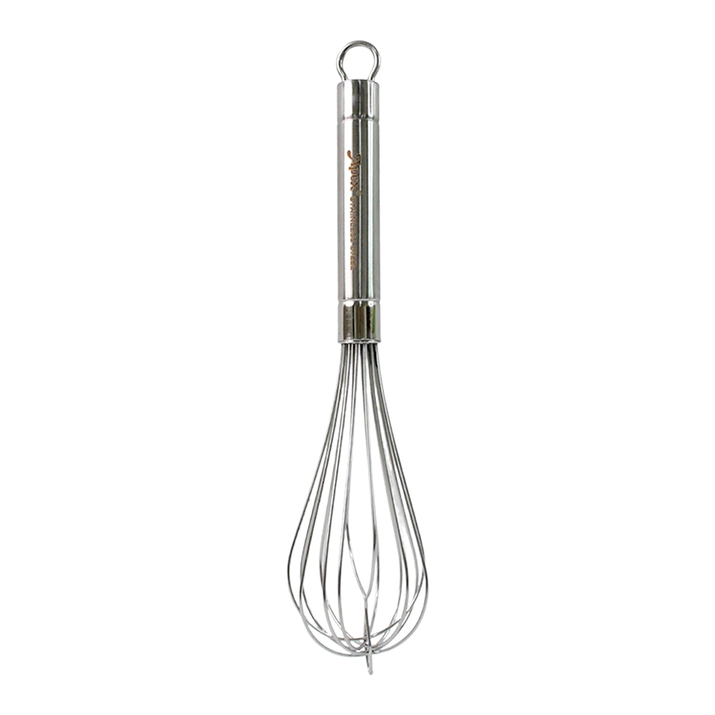 Wukusy Apex stainless steel large hand whisk for mixing and whipping in kitchen, with ergonomic handle and durable construction.