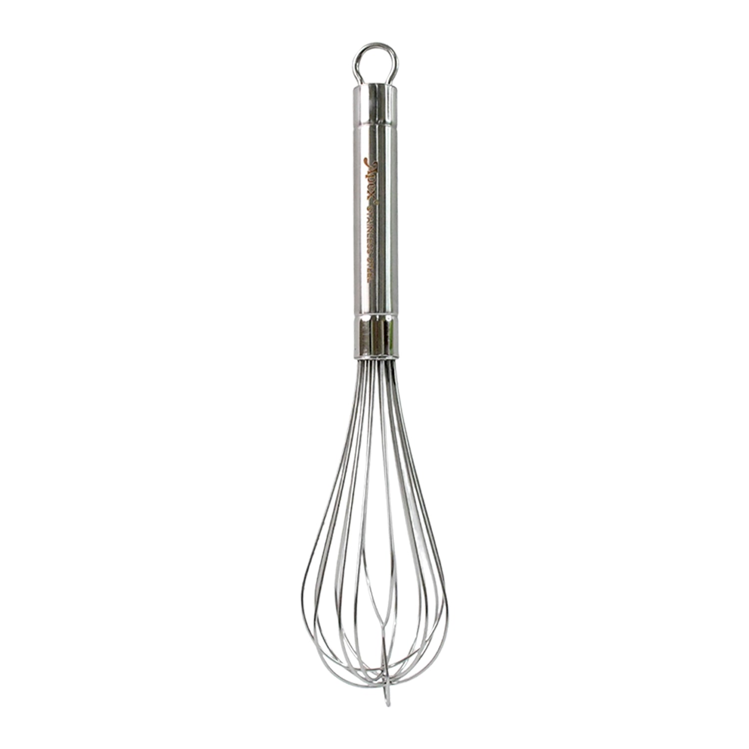 Wukusy Apex stainless steel large hand whisk for mixing and whipping in kitchen, with ergonomic handle and durable construction.