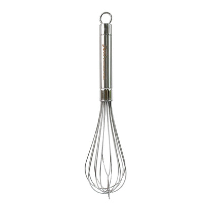 Wukusy Apex stainless steel large hand whisk for mixing and whipping in kitchen, with ergonomic handle and durable construction.