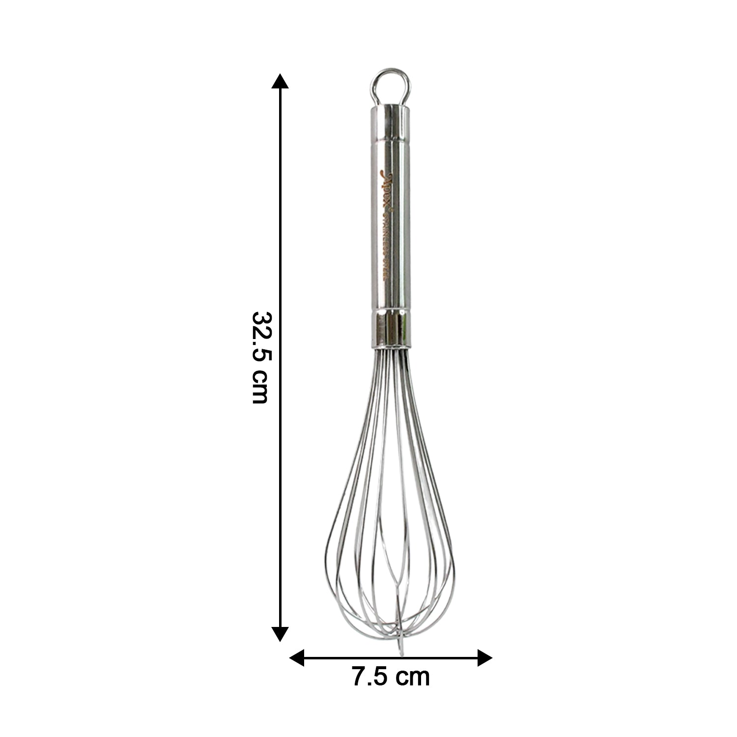 Wukusy Apex stainless steel large hand whisk for mixing and whisking in the kitchen, with a sturdy handle and wire loops.