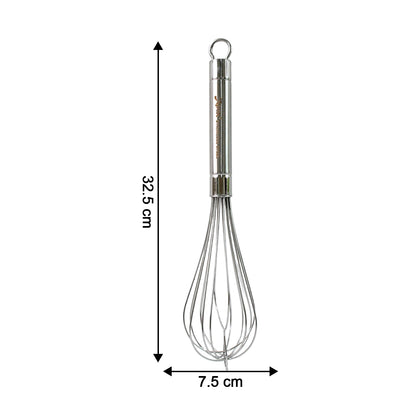 Wukusy Apex stainless steel large hand whisk for mixing and whisking in the kitchen, with a sturdy handle and wire loops.