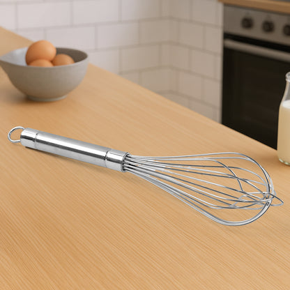 Wukusy Apex stainless steel large hand whisk for mixing and whipping in kitchen, with ergonomic handle and durable construction.