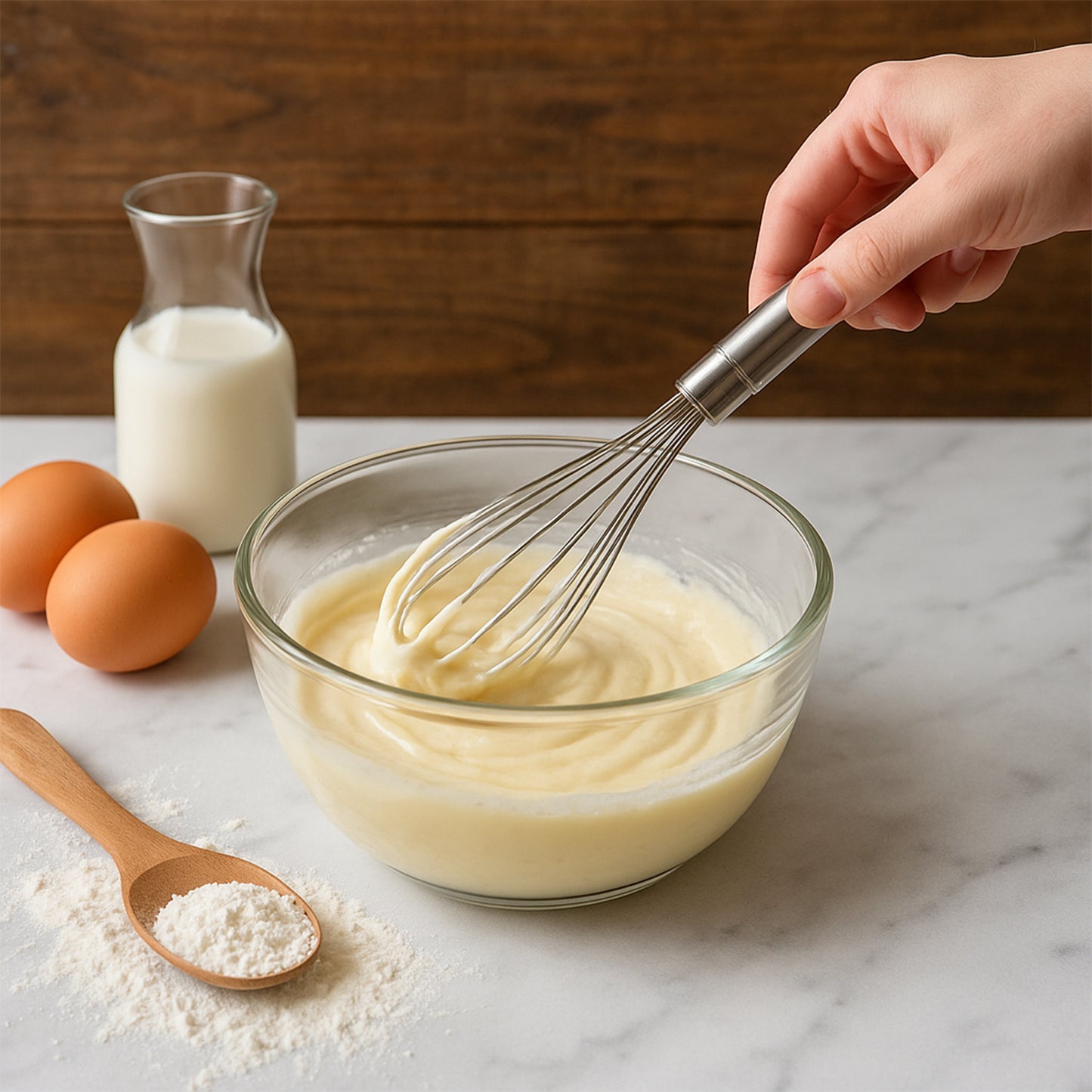 Wukusy Apex stainless steel large hand whisk for mixing and baking in the home kitchen.